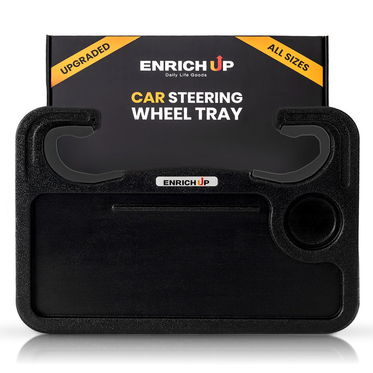 ENRICH UP front view tray on wheel showing universal fit and quick setup