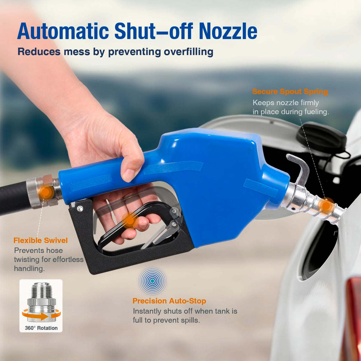Ensurix steel-wire reinforced hose with automatic nozzle demonstrating durable fuel delivery