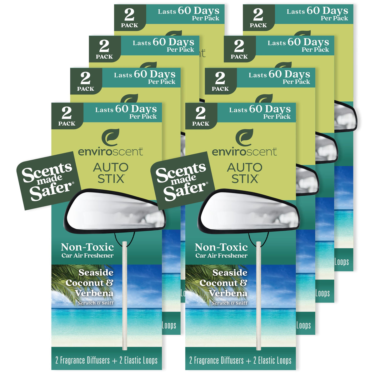 Enviroscent front packaging showing Auto Stix and fragrance name, clear benefit of non-toxic scent