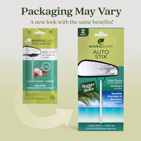 Enviroscent Auto Stix hanging from rearview mirror, keeping car interior fresh and spill-free