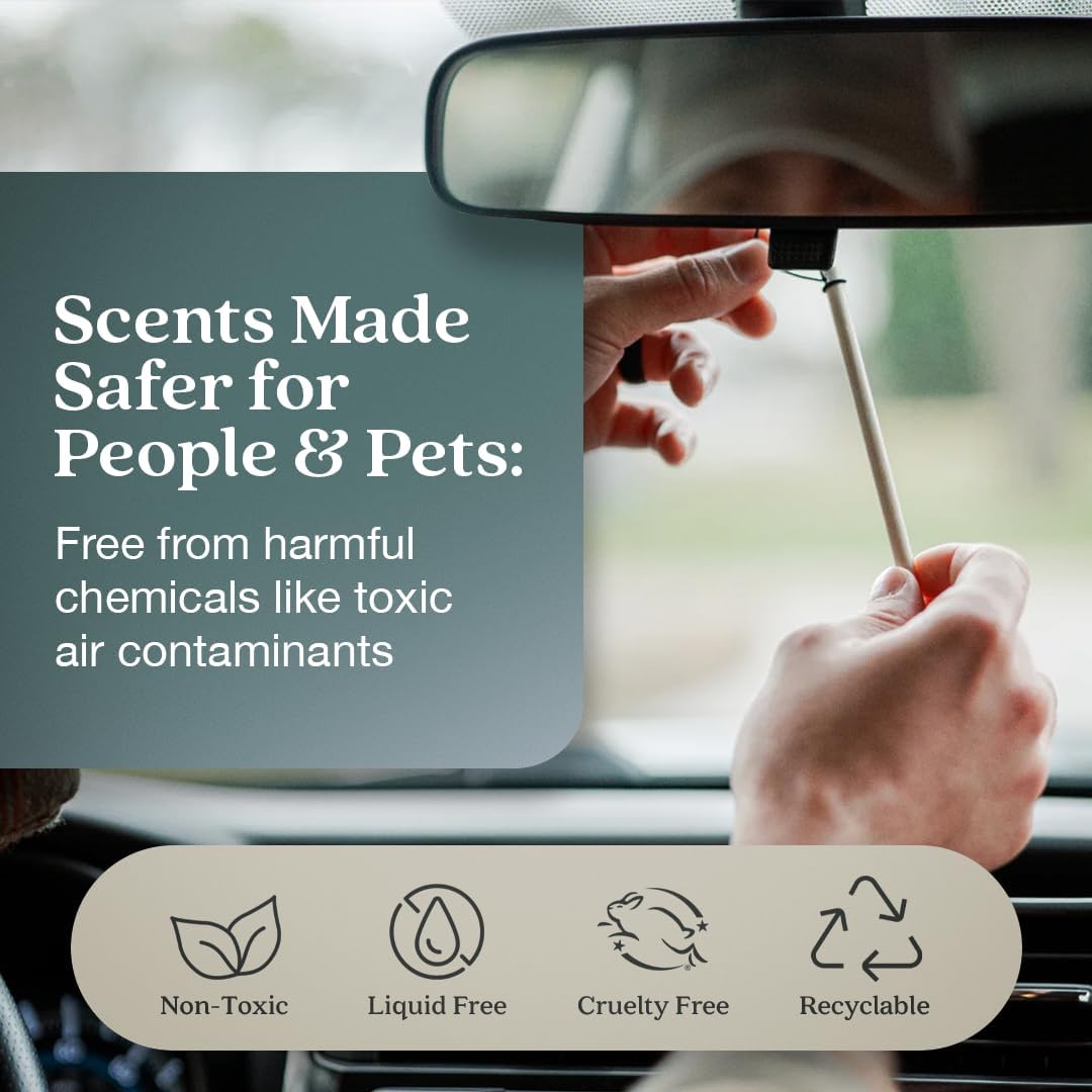 Enviroscent Auto Stix hanging from rearview mirror illustrating even scent distribution