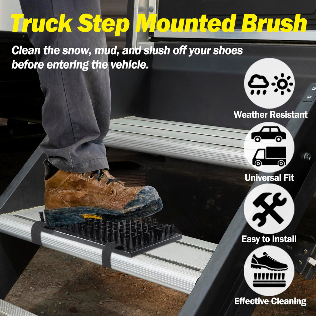EOKPHULL brush mounted on an RV step being used to scrape muddy boots before entry