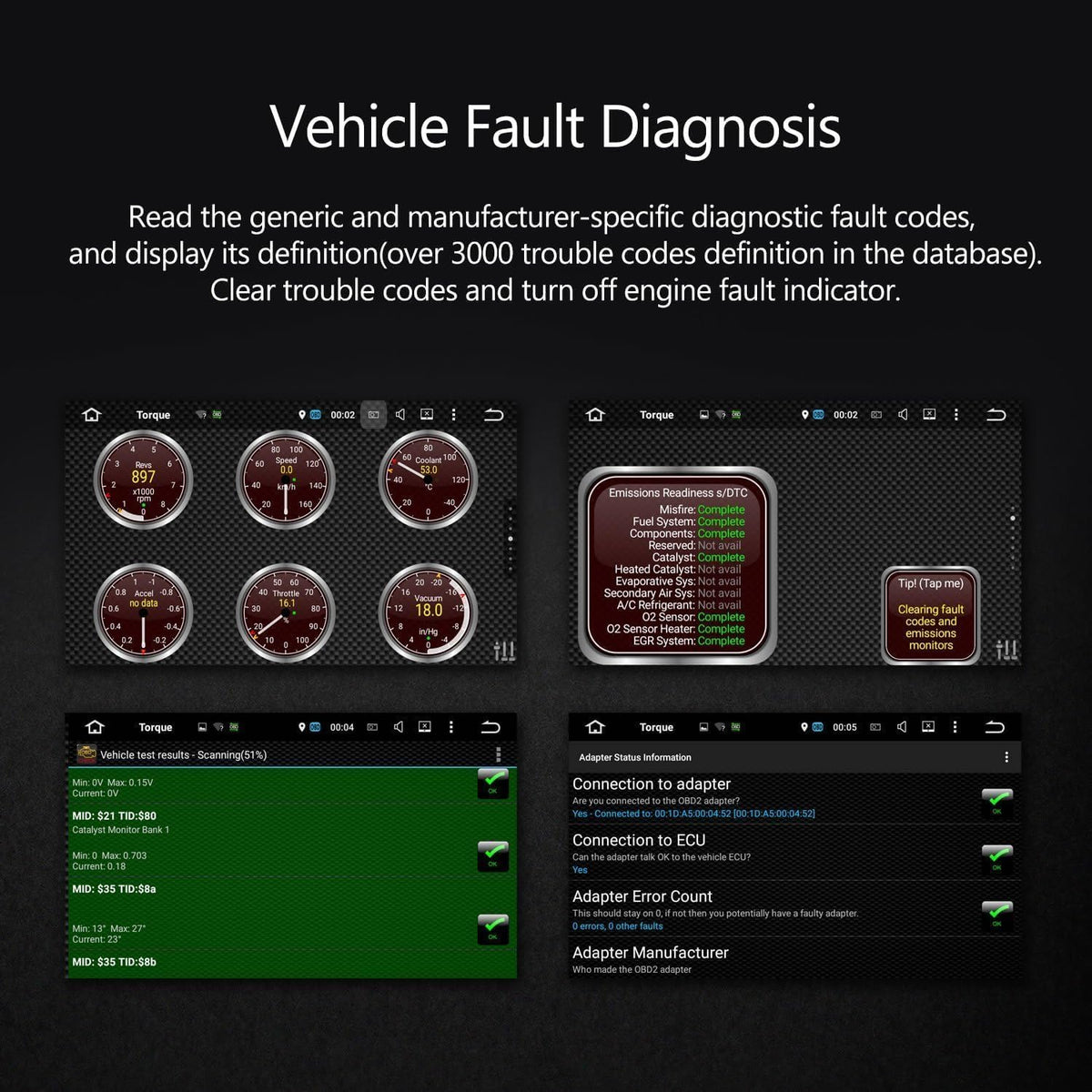 EONON V0056 paired with Android stereo screen displaying real-time engine metrics