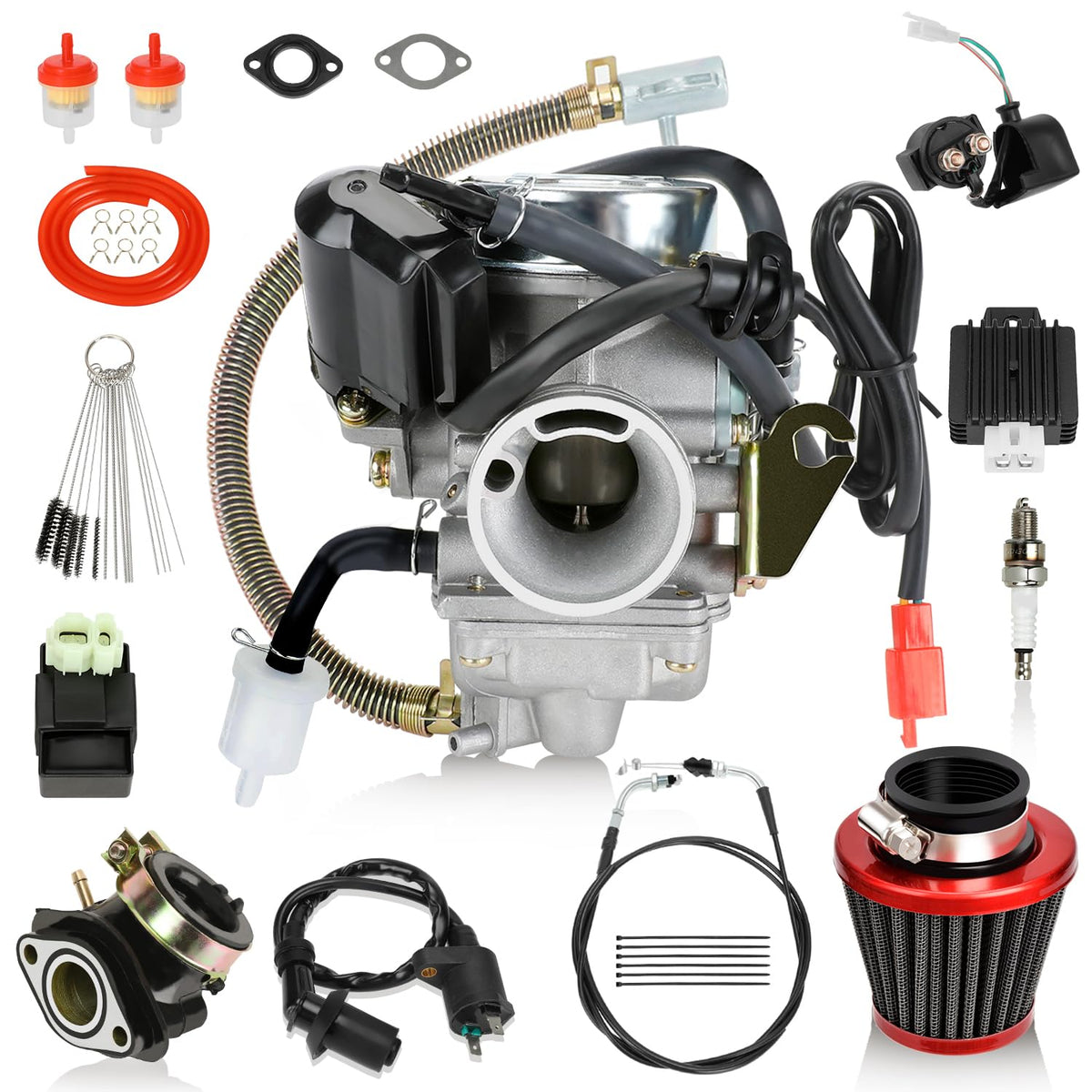 EOPOAYI carburetor front view showing precision bore and durable alloy construction for reliable fueling