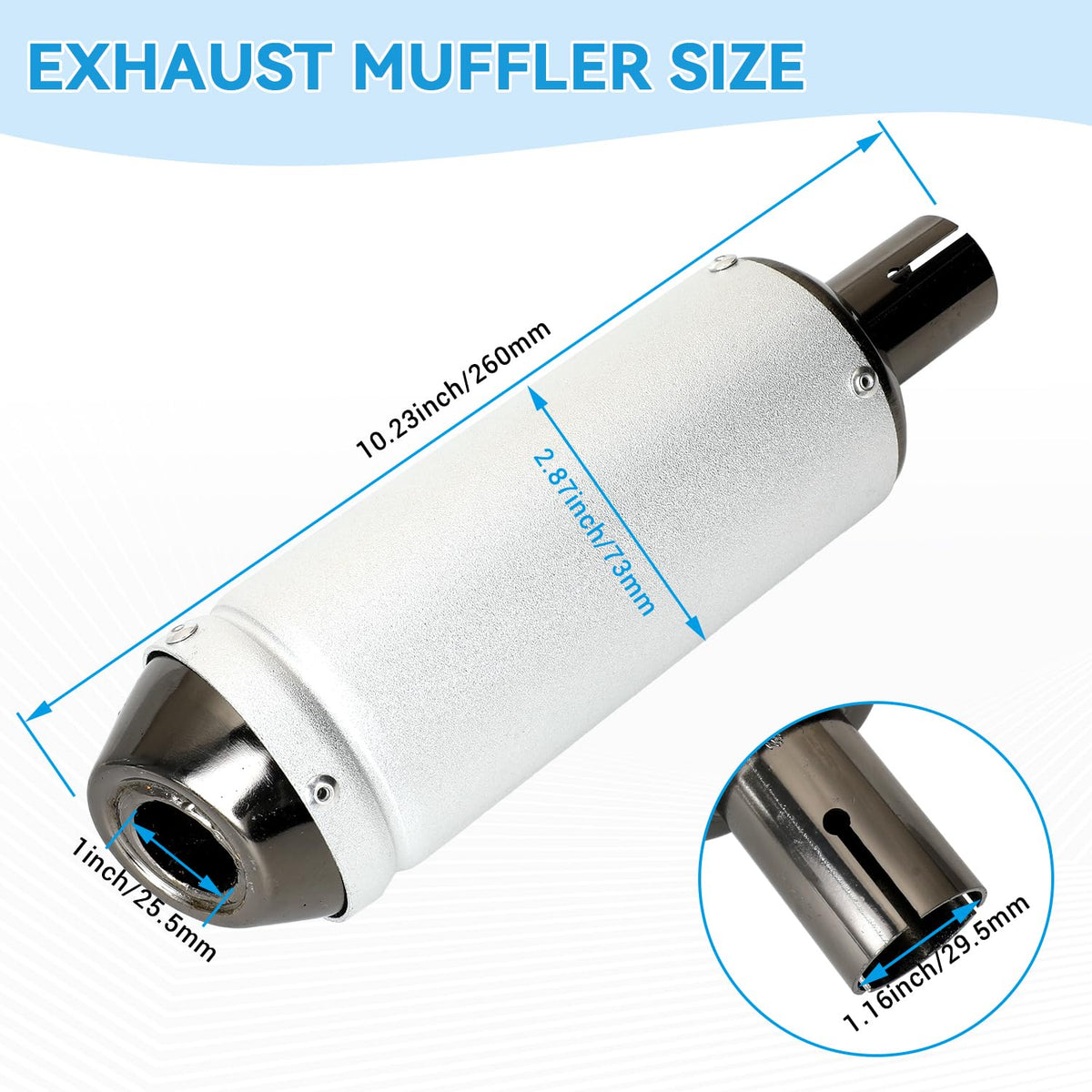 EOPOAYI muffler side profile highlighting low-tone outlet and shape