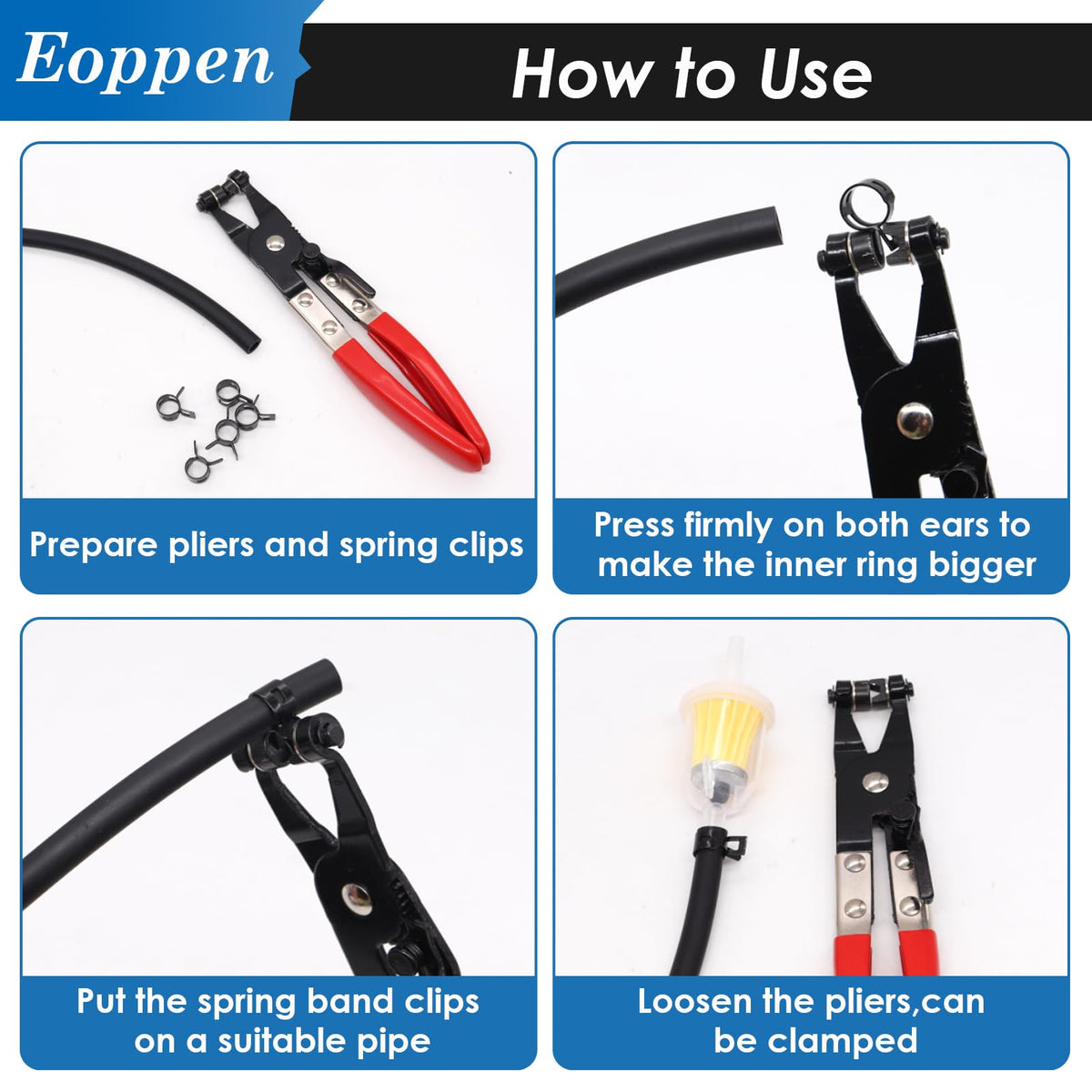 Eoppen clamps installed on hose illustrating secure, even clamping