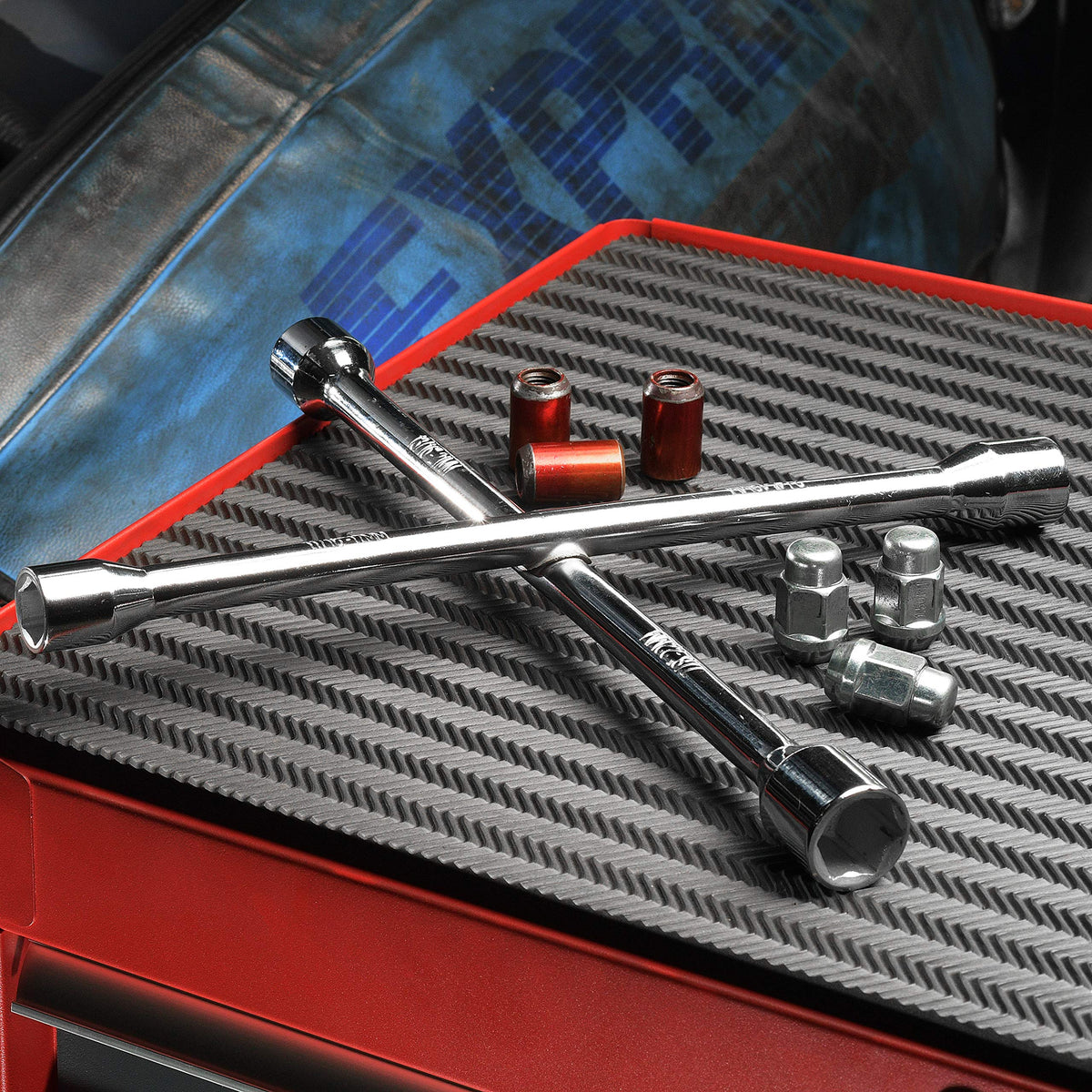EPAuto lug wrench next to ruler showing 14-inch size for compact storage