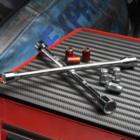 EPAuto lug wrench next to ruler showing 14-inch size for compact storage
