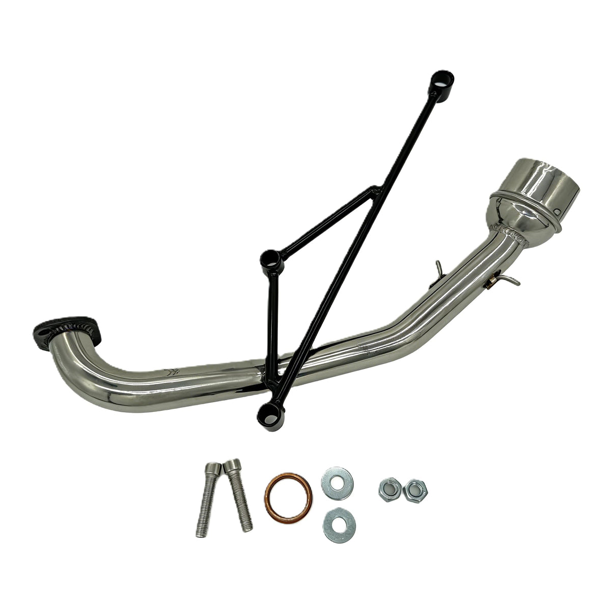 EPJHKBE exhaust front view showing polished header and muffler for improved longevity