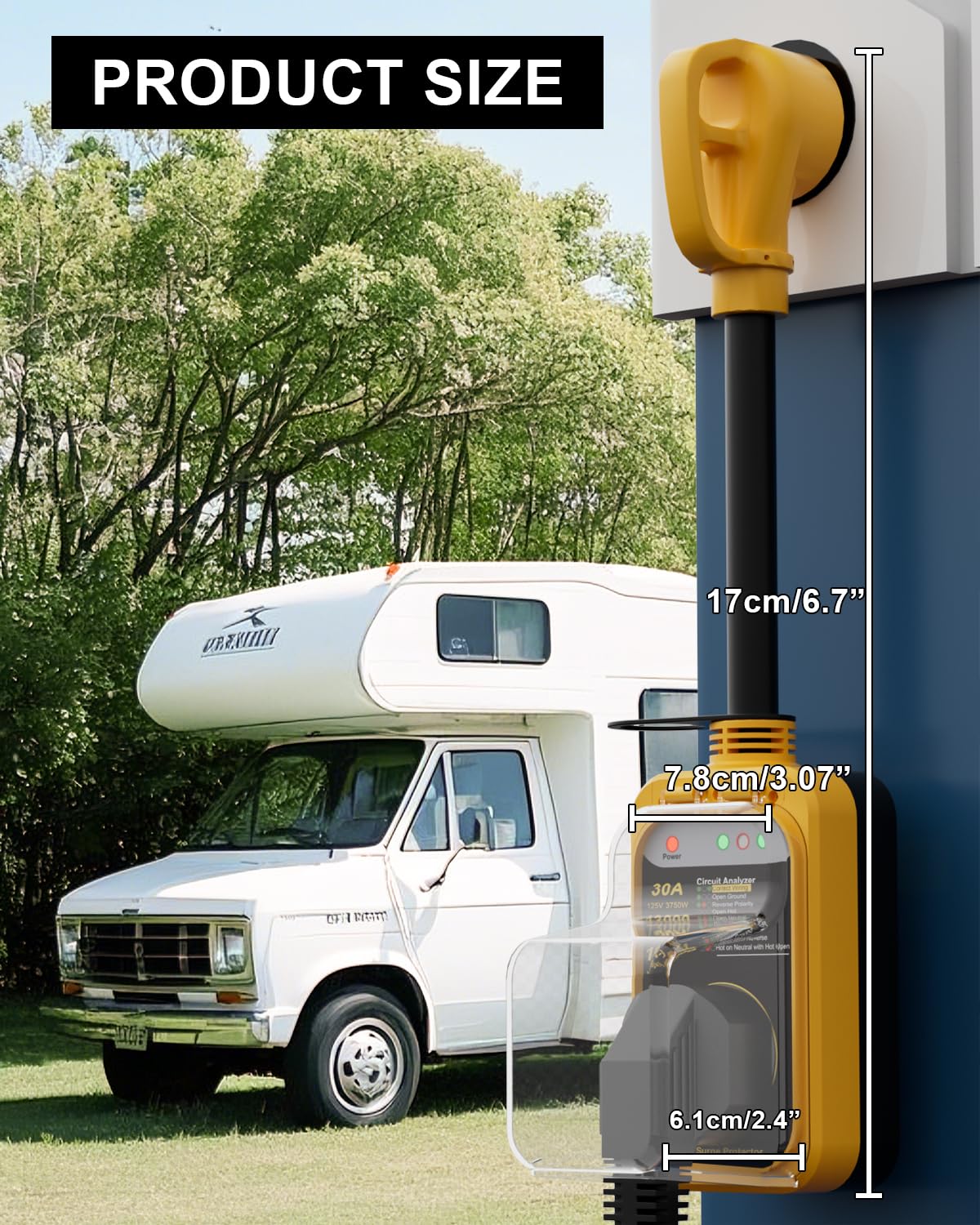EPLCSE connected to an RV power pedestal demonstrating campsite use