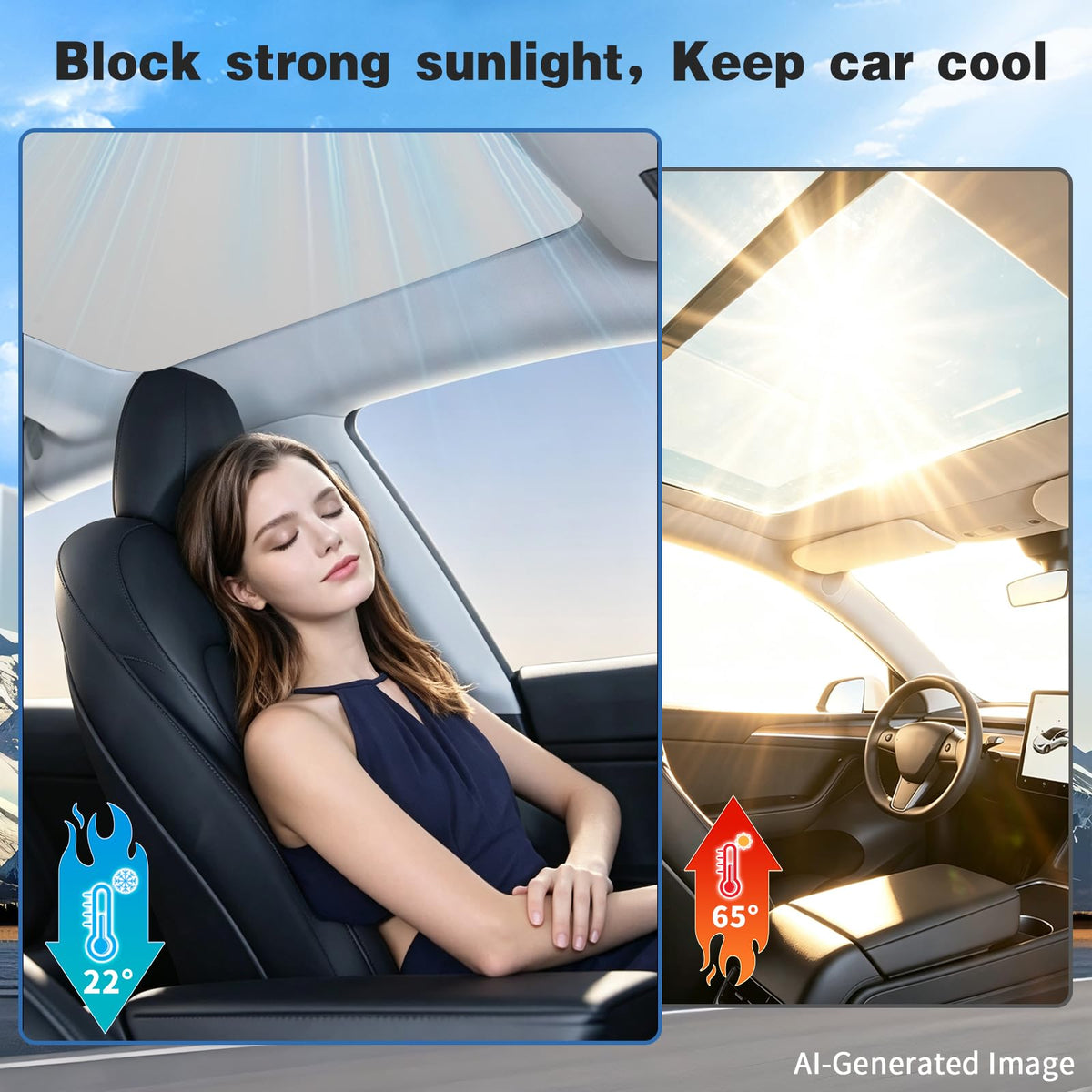 Epltion sunshade installed in Tesla Model 3 sunroof showing cooler interior benefit