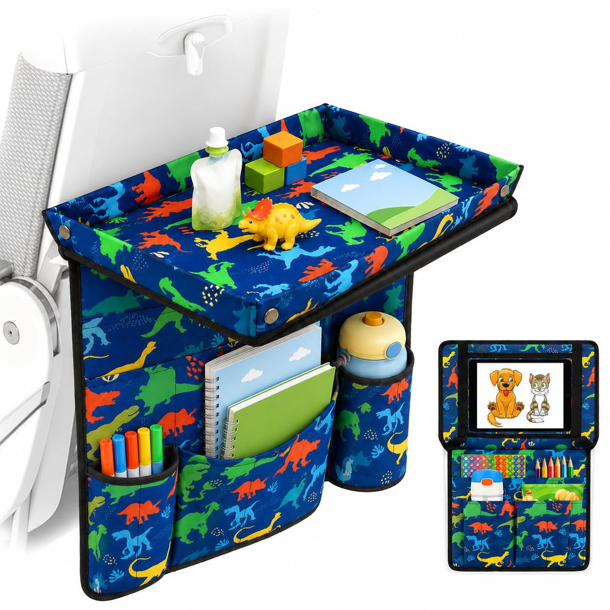 EpoBob dinosaur front view showing organized top tray and playful pattern benefit: neat surface