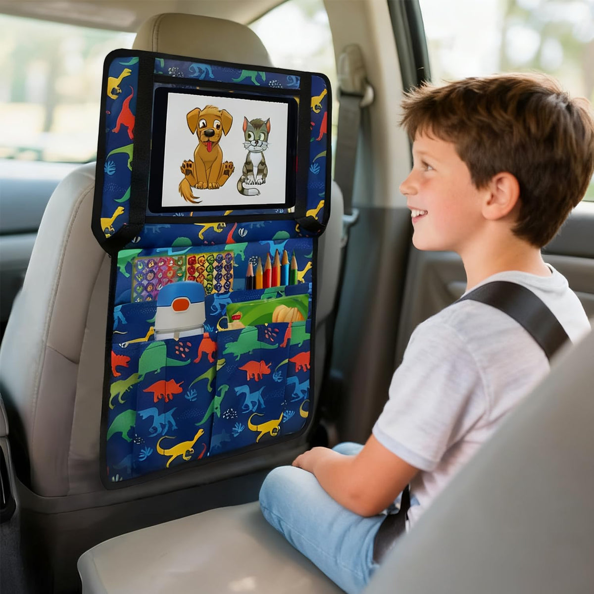 EpoBob dinosaur secured on airplane tray with drawstrings benefit: stays in place