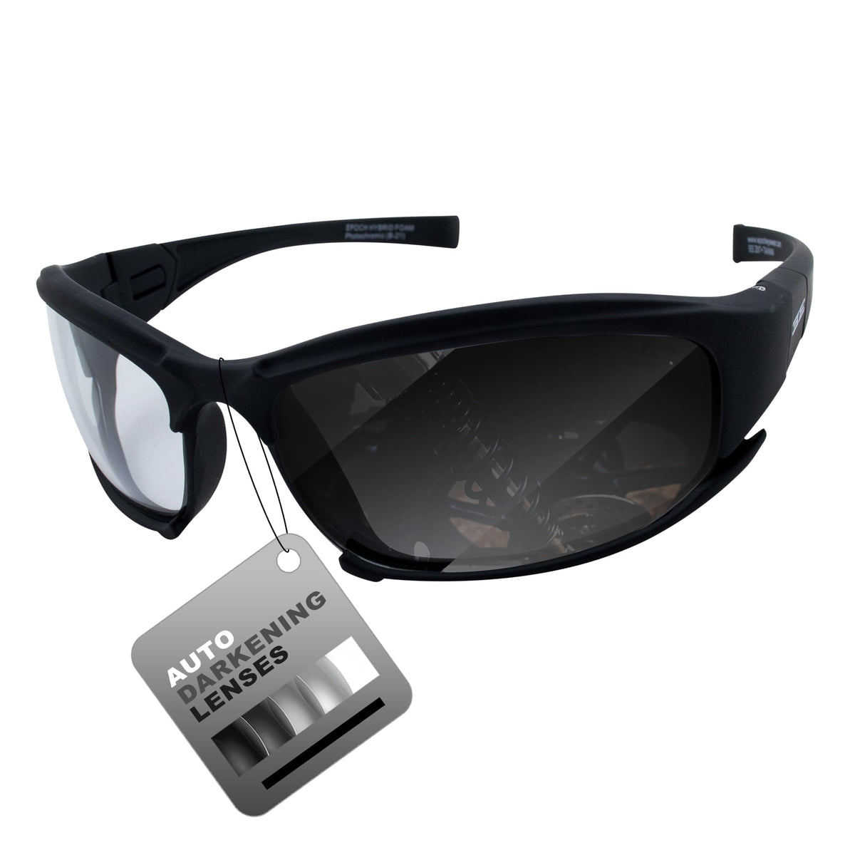 Epoch front view motorcycle sunglasses showing full coverage and comfort