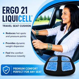 ERGO21 in airplane seat illustrating portable long-flight support
