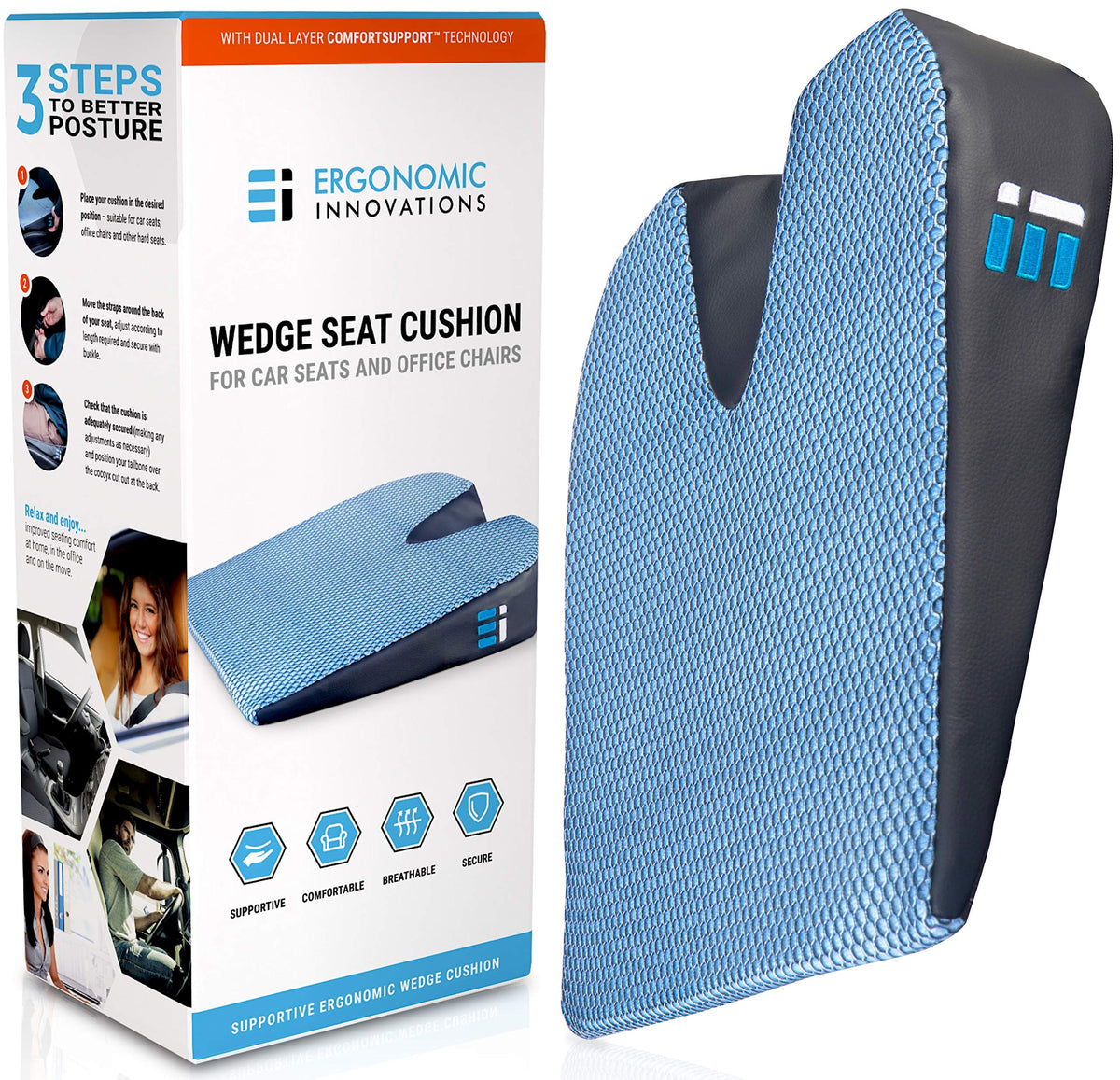 Ergonomic Innovations front view of wedge cushion showing shape and fit benefit