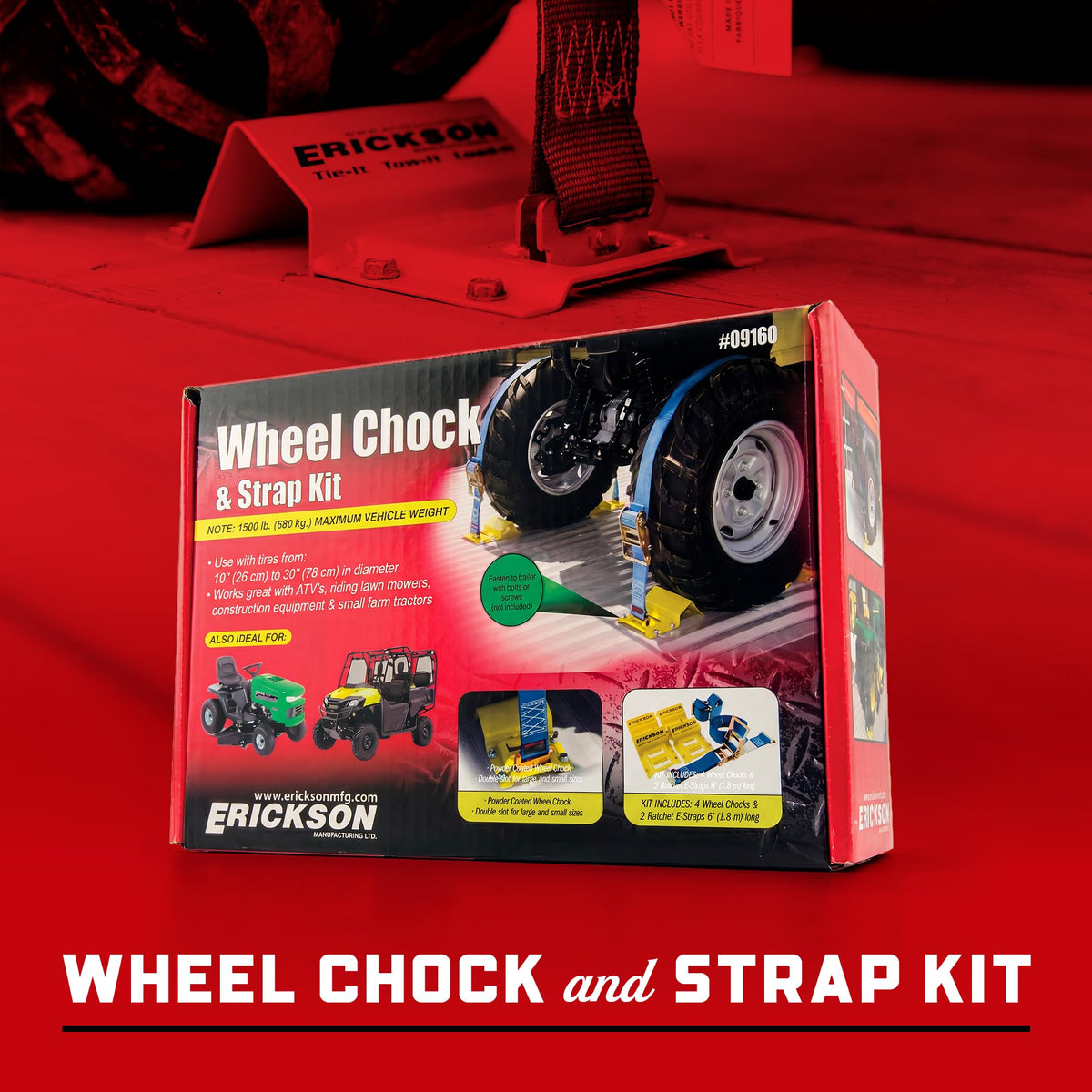 Erickson wheel chock next to a ruler showing compact footprint and how it fits small trailers
