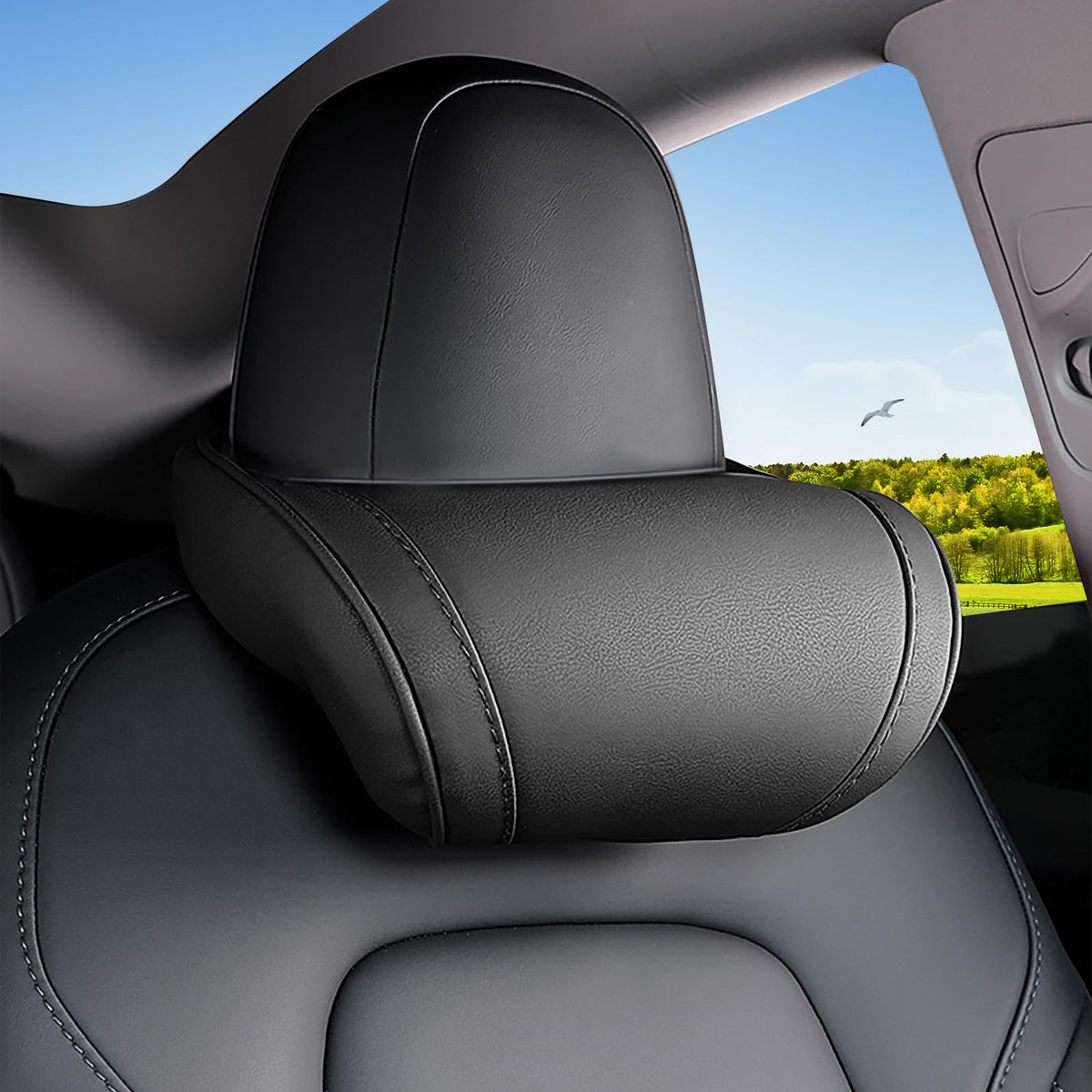 Erivis front view headrest on Tesla seat shows clean fit and comfort