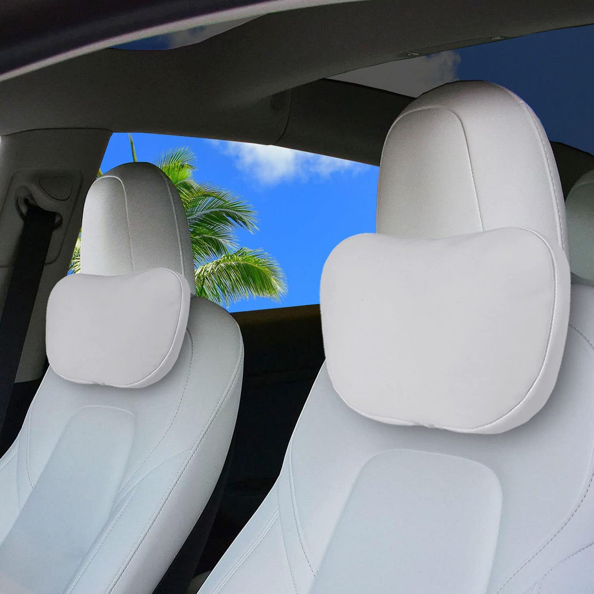 Erivis front view showing pair of headrest pillows enhancing Tesla interior