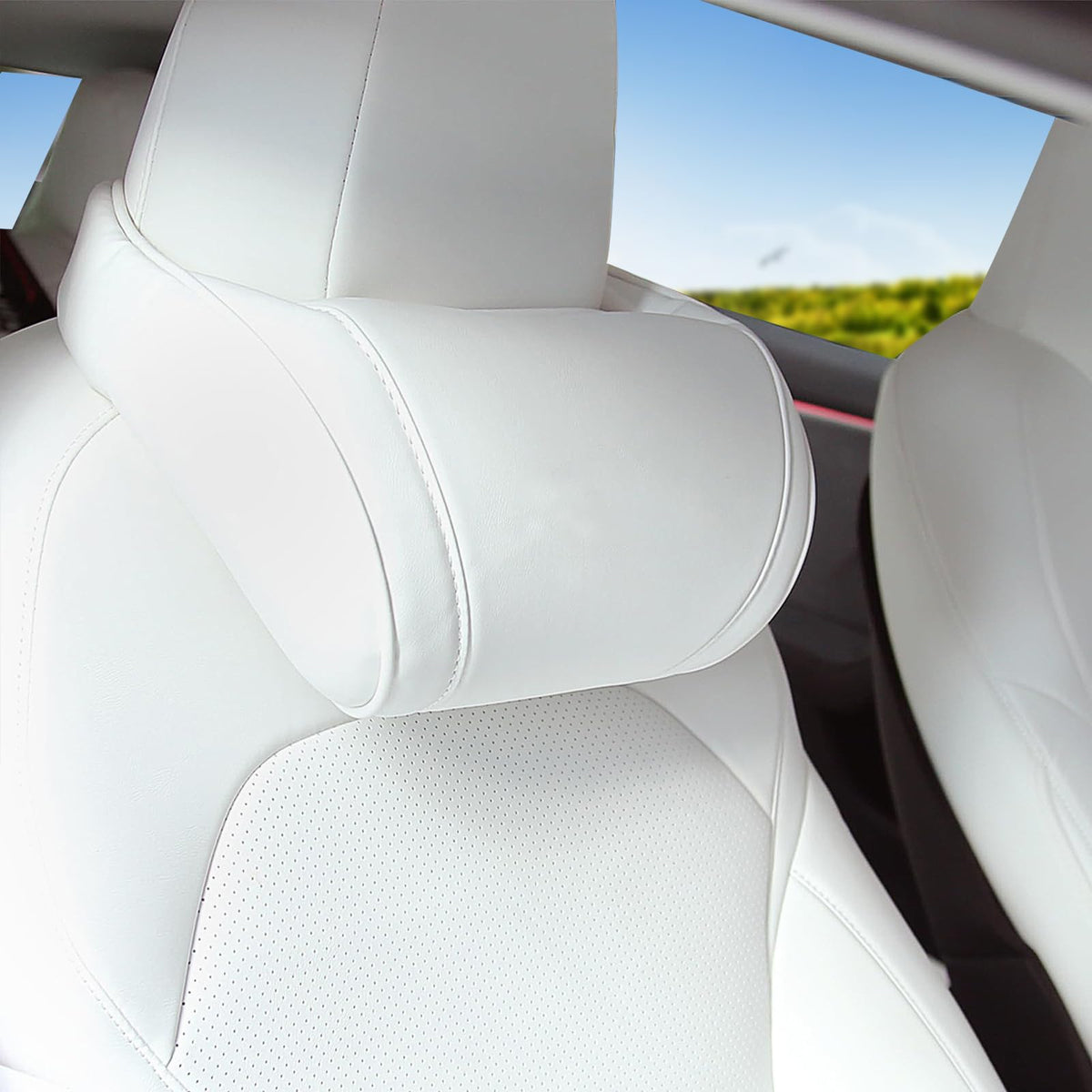 Erivis front view mounted on Tesla seat showing neat fit and protection