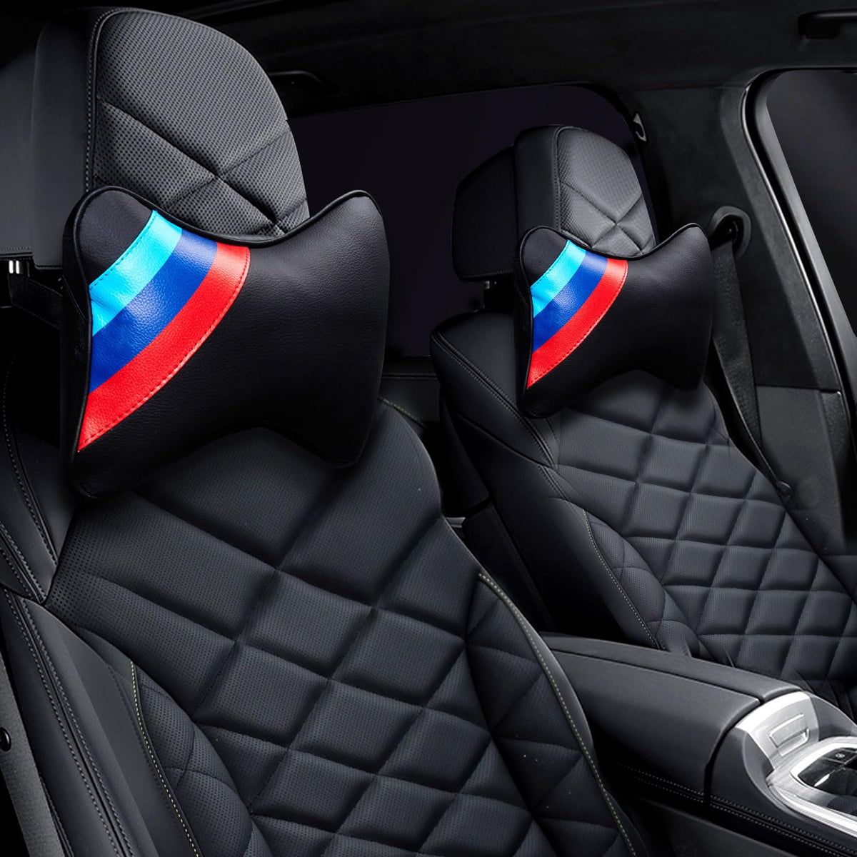 Erivis headrest pair front view showing sleek design and BMW compatibility for refined comfort