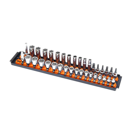 Ernst 8486 front tray view showing orange two-rail layout and secure twist-lock benefit