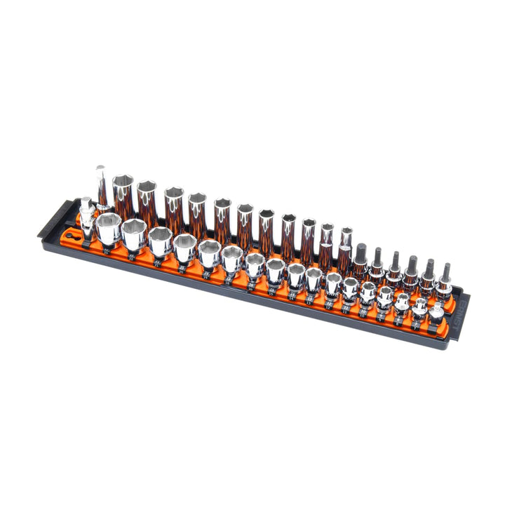 Ernst 8486 front tray view showing orange two-rail layout and secure twist-lock benefit