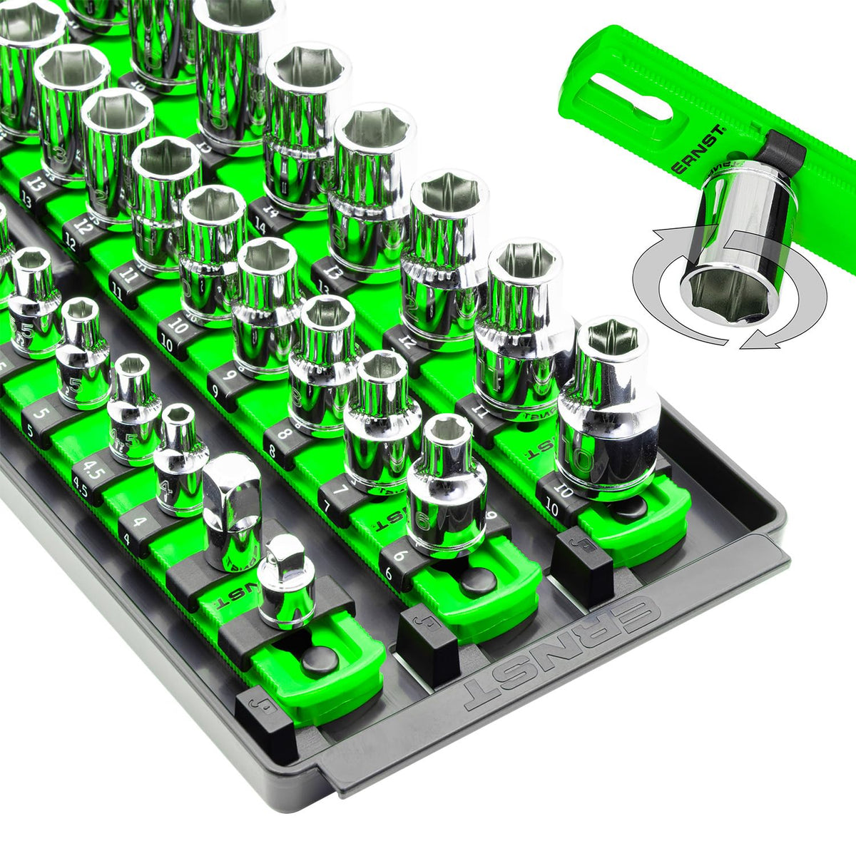 Ernst Manufacturing front tray view showing neat socket alignment and quick selection benefit