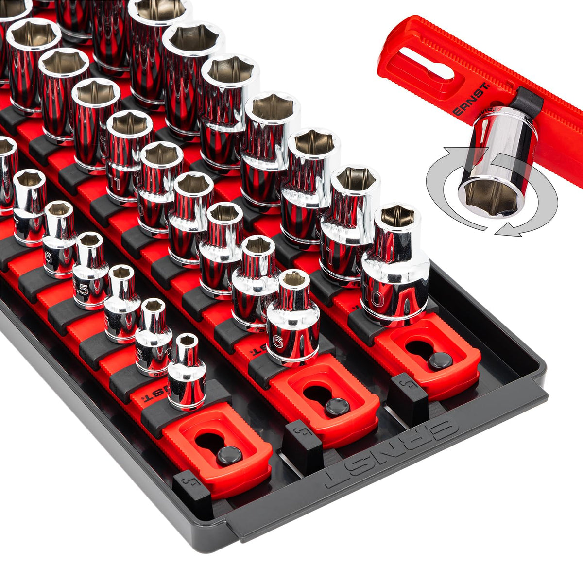 Ernst Manufacturing front view of full Socket Boss tray showing compact organized storage