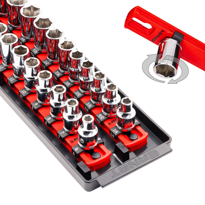Ernst Manufacturing front tray view showing organized sockets and secure rails for neat storage
