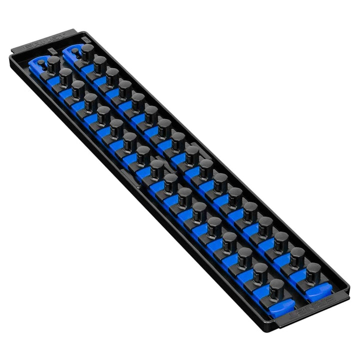 Ernst Manufacturing front view of blue 19-inch Socket Boss organizer showing rails and handles for easy transport