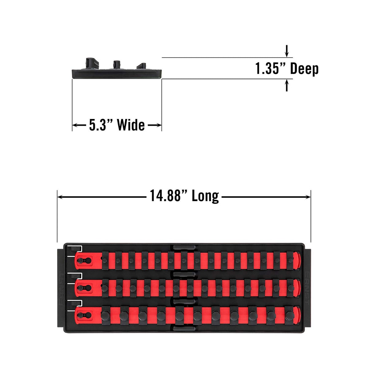 Ernst Manufacturing tray beside a tape measure showing 13-inch rail scale benefit