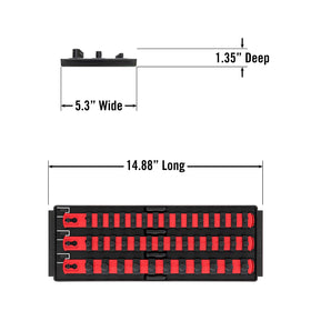 Ernst Manufacturing tray beside a tape measure showing 13-inch rail scale benefit