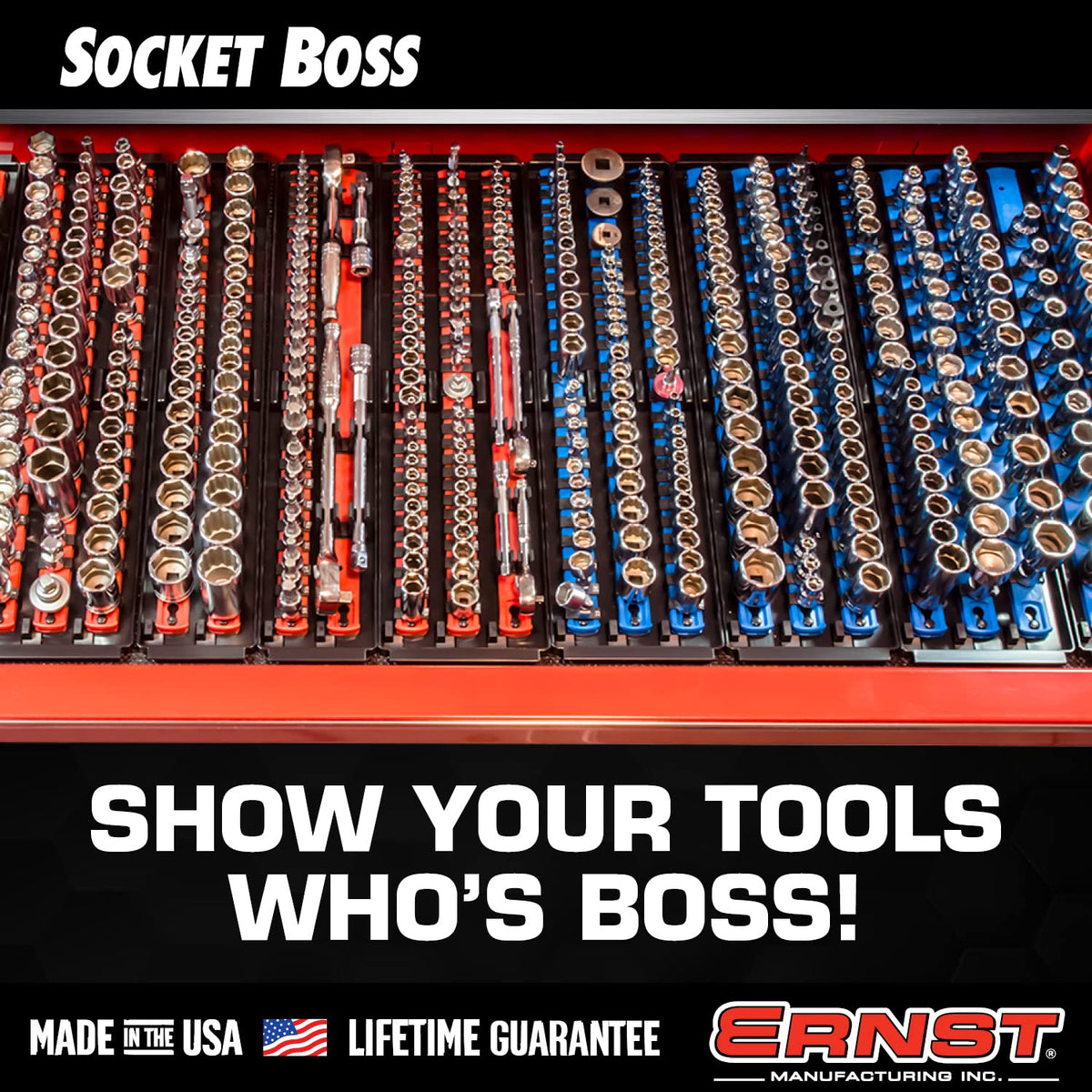 Ernst Manufacturing tray filled with SAE and Metric sockets for quick identification