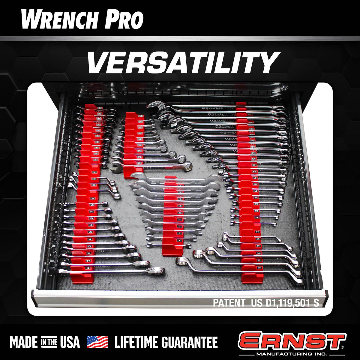 Ernst Manufacturing rack holding offset, ratcheting and combination wrenches showing wide compatibility