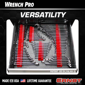 Ernst Manufacturing rack holding offset, ratcheting and combination wrenches showing wide compatibility