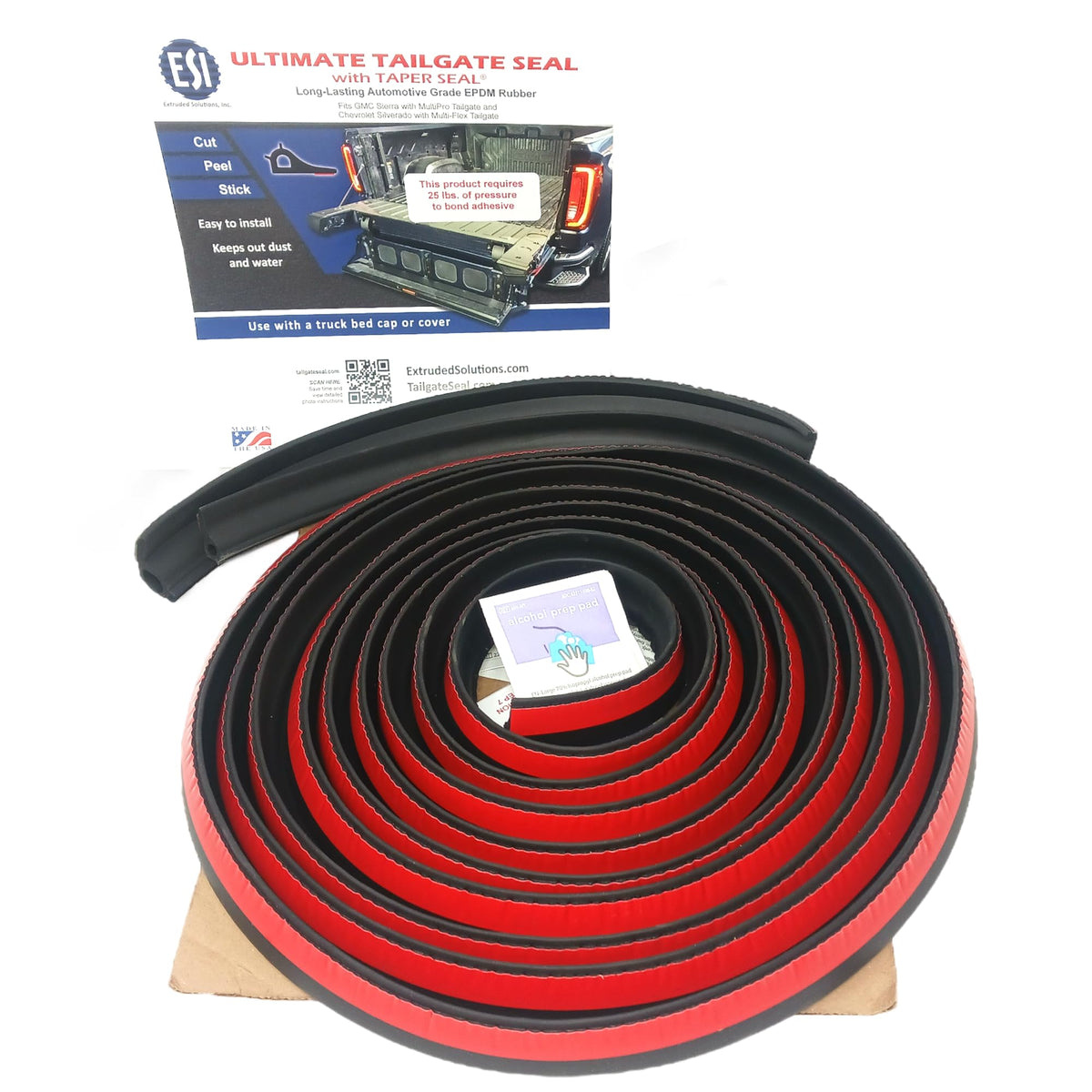 ESI tailgate seal profile closeup showing tapered EPDM rubber for a tight barrier