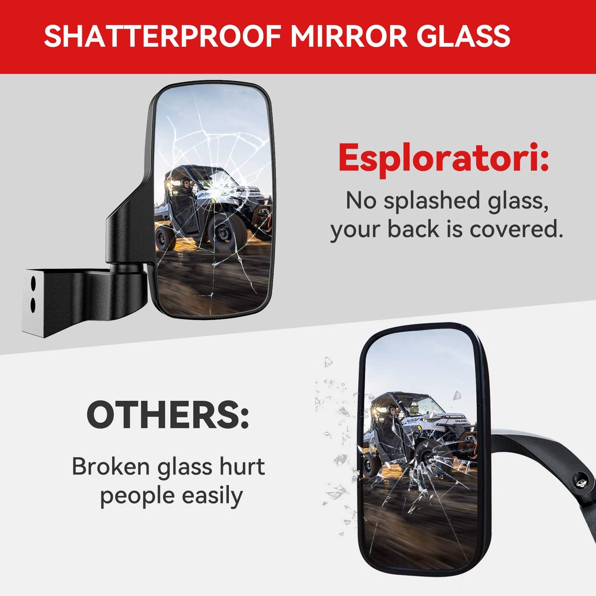 Esploratori mirror folded inward on tight trail to prevent snags