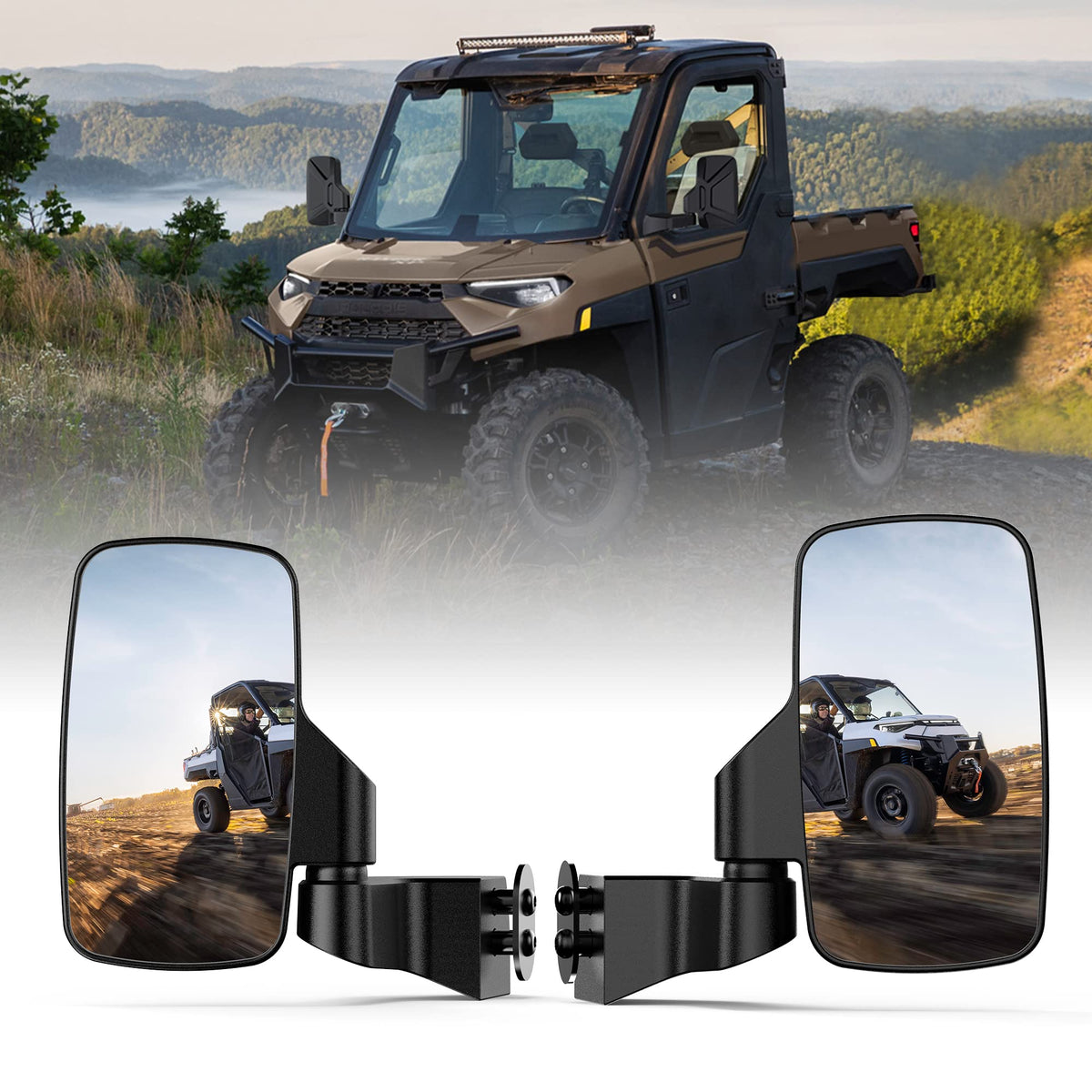 Esploratori front-mounted mirror on Polaris Ranger door for improved visibility