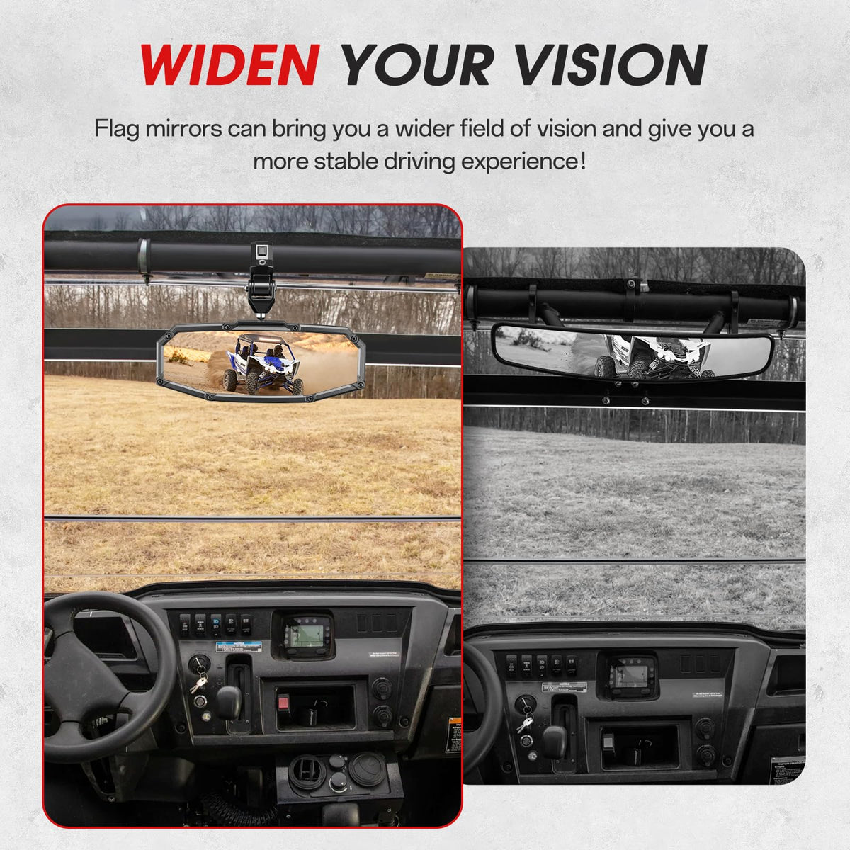 Esploratori mirror installed on UTV in trail setting showing practical field-of-view benefit