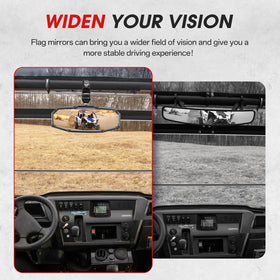 Esploratori mirror installed on UTV in trail setting showing practical field-of-view benefit