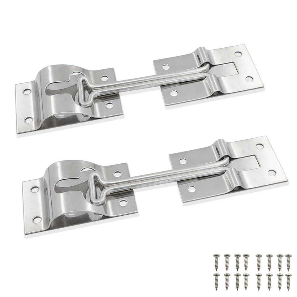 ESUDNT front view of two 4-inch stainless latches showing durable finish and kit