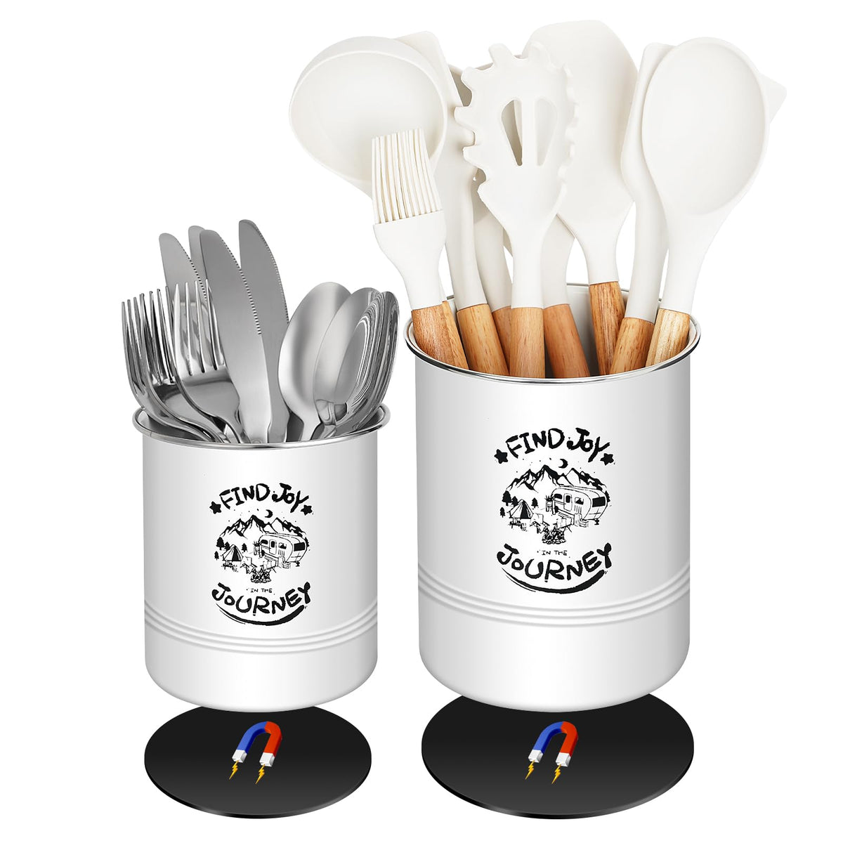 ESUDNT front packaging showing two magnetic utensil crocks and artwork for organized storage