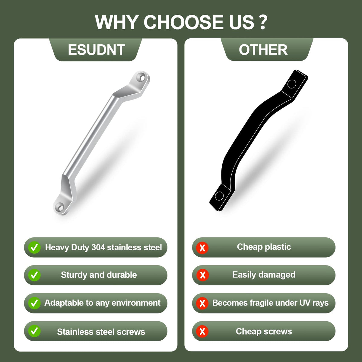 ESUDNT handle mounted vertically on RV door demonstrating secure support for entry