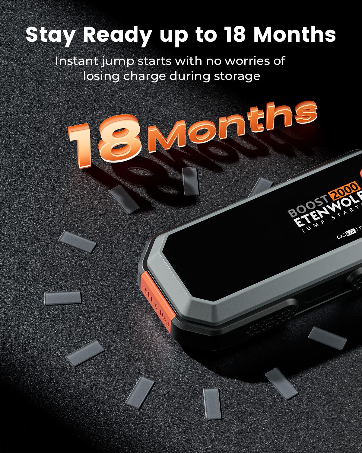 ETENWOLF jump starter attached to car battery delivering reliable starts