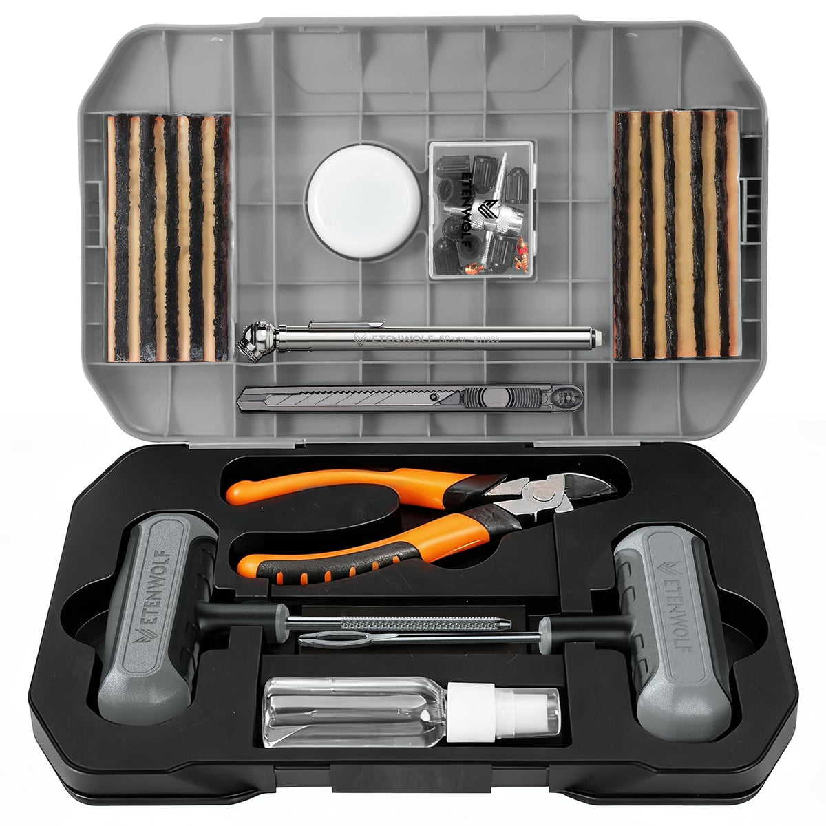 ETENWOLF kit front open showing organized tools and plugs for quick repairs