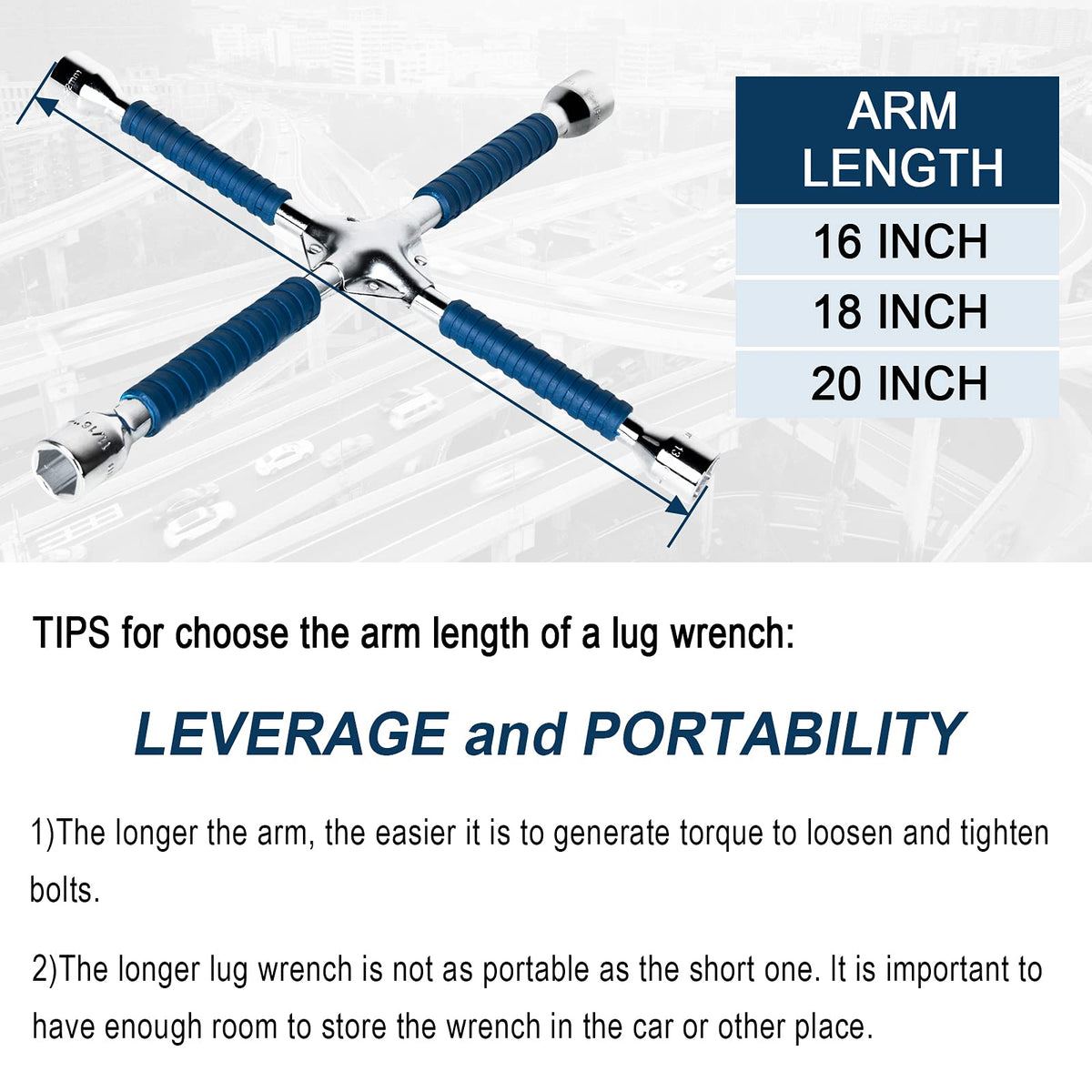 ETERNA wrench beside a ruler showing 16-inch length for reach and compact storage