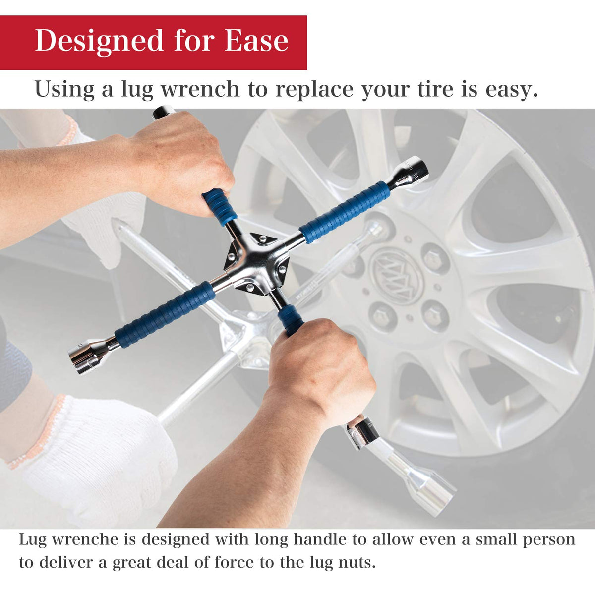 ETERNA lug wrench in use on a car wheel demonstrating leverage and fast tire removal