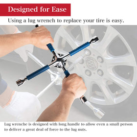 ETERNA lug wrench in use on a car wheel demonstrating leverage and fast tire removal