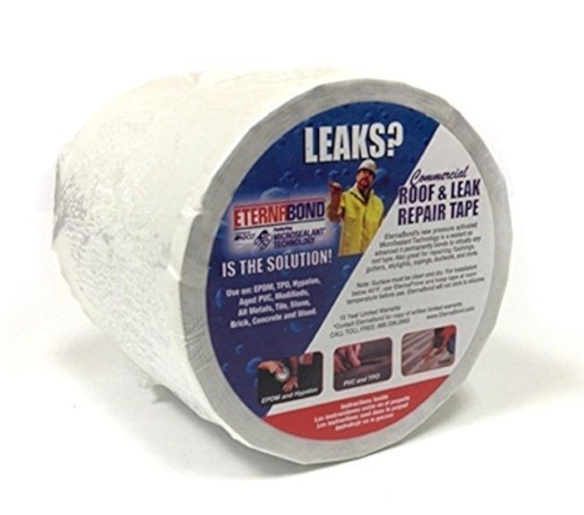 EternaBond White RoofSeal front view showing tape roll and quick watertight repair benefit